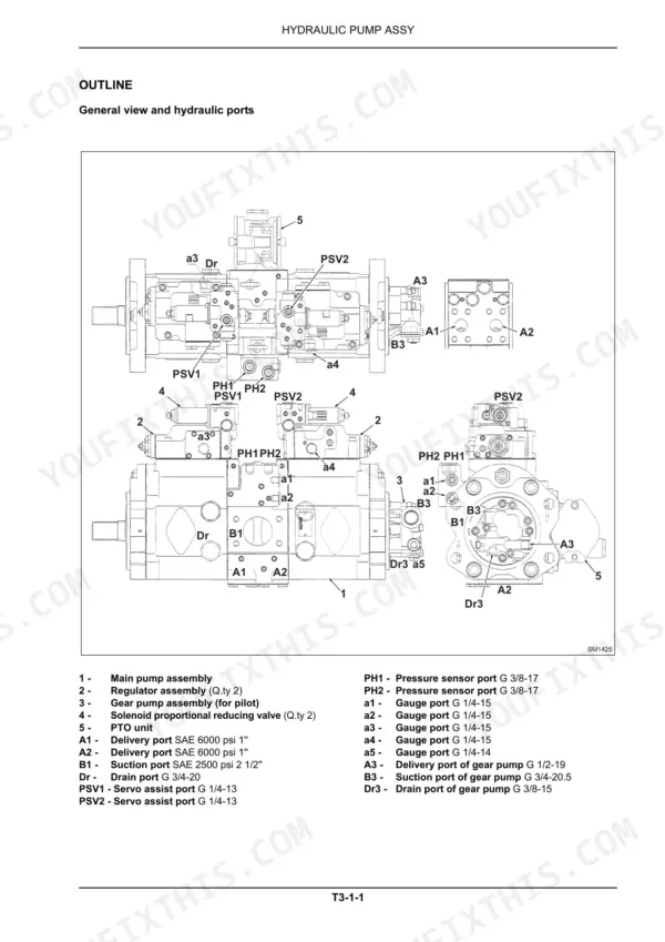 kobelco-sk260-9-sk295-9-hydraulic-excavator-service-manual-84531464-exploded-view-231.webp Kobelco SK260-9, SK295-9 hydraulic pump assembly diagram showing port locations, components, and identification table.
