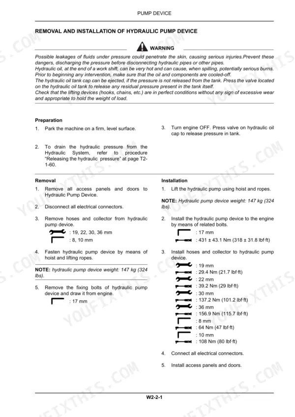 Kobelco SK260-9, SK295-9 hydraulic pump device removal and installation procedure with torque specifications.