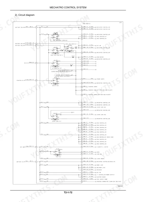 Kobelco SK260-9, SK295-9 Mechatro control system circuit diagram showing relays, fuses, and controller connections.