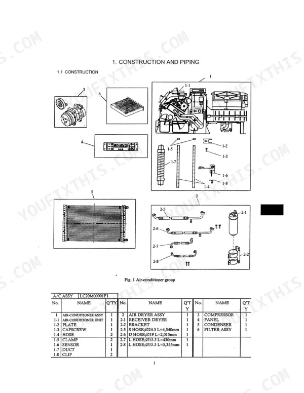 Kobelco SK290LC, SK330LC hydraulic excavator air conditioner construction and piping layout drawing