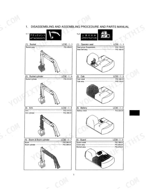 Kobelco SK290LC, SK330LC hydraulic excavator attachment disassembly and assembly procedure index with parts figure references