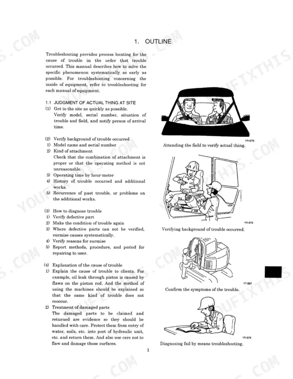 kobelco-sk290lc-sk330lc-service-manual-troubleshooting-855.webp Kobelco SK290LC, SK330LC hydraulic excavator troubleshooting outline page explaining the systematic fault-finding procedure
