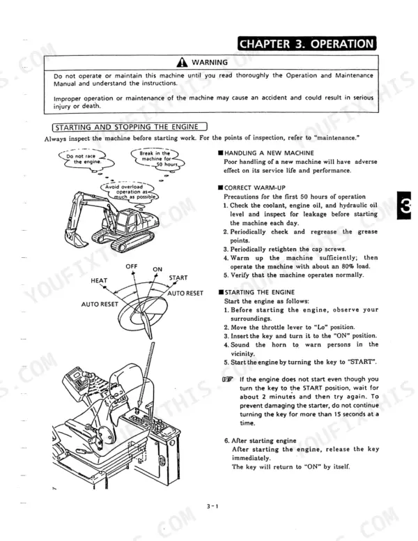 Kobelco SK300 III, SK300LC III engine starting, stopping, and warm-up procedures with ignition switch and excavator diagrams.