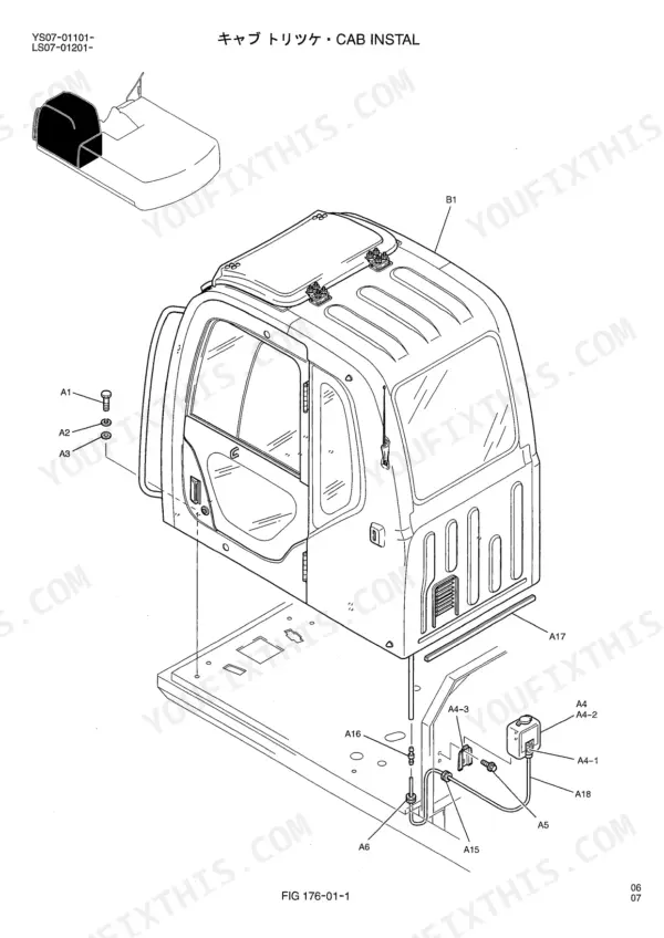 Kobelco SK480, SK480LC exploded view diagram of cab installation components and mounting hardware.