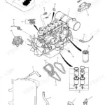 Kobelco SK480, SK480LC engine assembly exploded view showing alternator, starter, fuel filters, belts, and cooling components.