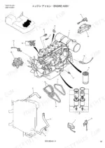 Kobelco SK480, SK480LC engine assembly exploded view showing alternator, starter, fuel filters, belts, and cooling components.