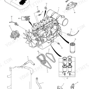 Kobelco SK480, SK480LC engine assembly exploded view showing alternator, starter, fuel filters, belts, and cooling components.
