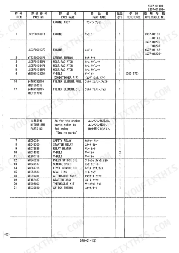 Kobelco SK480, SK480LC parts list table for engine assembly, sensors, hoses, relays, and alternator components.