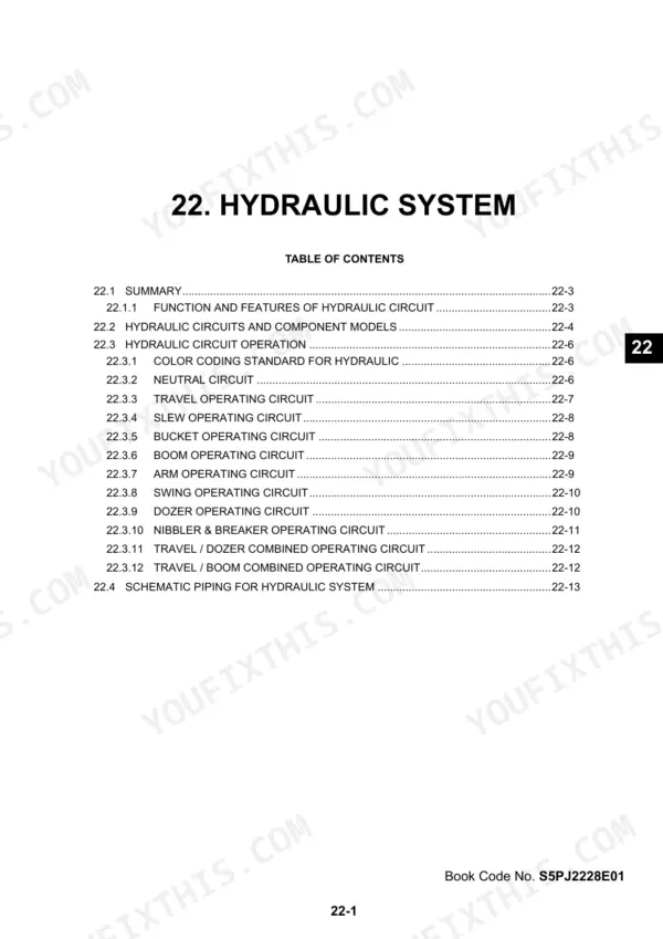 Kobelco SK50SR-5, SK50SR-C hydraulic system table of contents listing circuits, operations, and schematic piping.