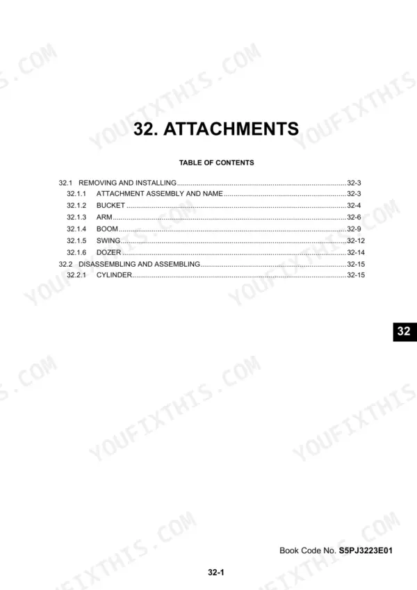 Kobelco SK50SR-5, SK50SR-C manual table of contents for attachments, including bucket, arm, boom, swing, dozer, and cylinder procedures.