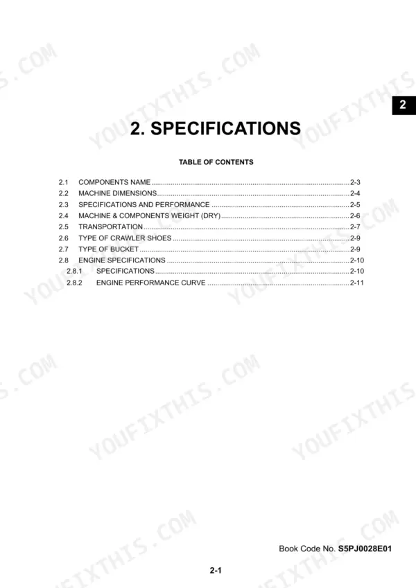 Kobelco SK50SR-5, SK50SR-C specifications section table of contents listing dimensions, weights, and engine specs.