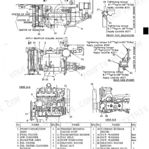 Kobelco SK60 power plant exploded view showing engine mount torque specs, component diagrams, and parts list table.