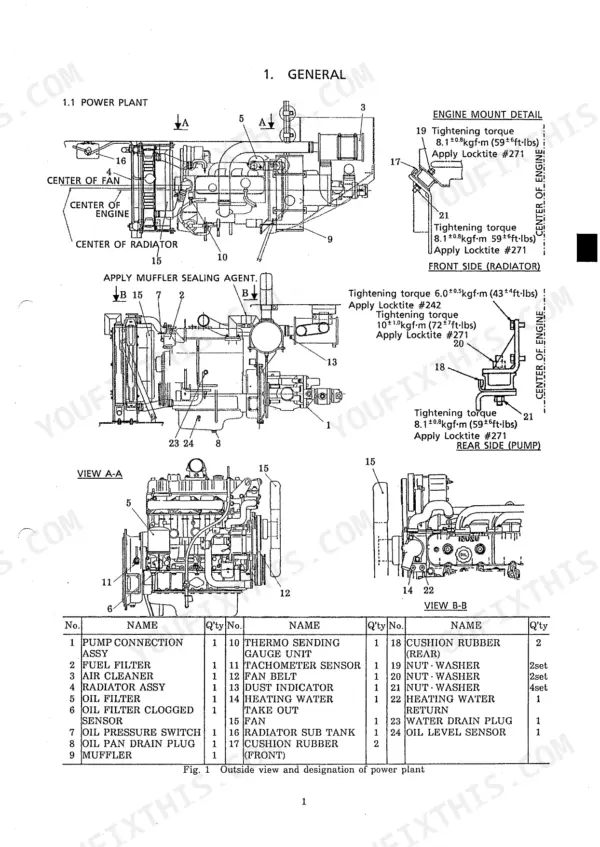 kobelco-sk60-hydraulic-excavator-shop-manual-s5le0005e-exploded-view-80.webp Kobelco SK60 power plant exploded view showing engine mount torque specs, component diagrams, and parts list table.