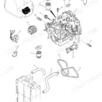 Kobelco SK80CS, SK80MSR engine assembly exploded view showing alternator, starter, oil filter, and radiator hoses.