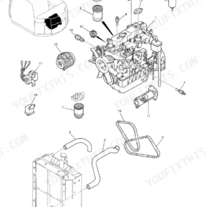 Kobelco SK80CS, SK80MSR engine assembly exploded view showing alternator, starter, oil filter, and radiator hoses.