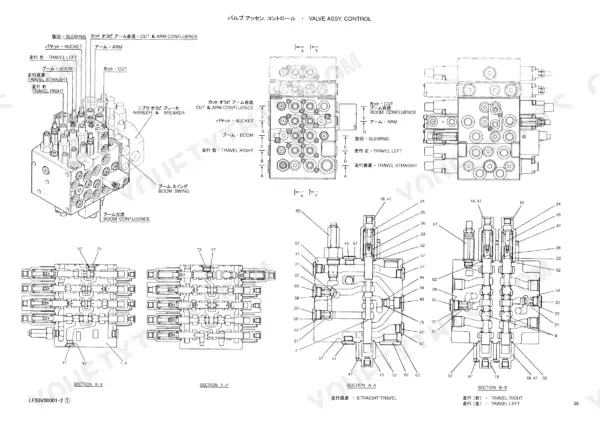 Kobelco SK80CS, SK80MSR control valve assembly diagrams, port identification, and cross-section views X-X, Y-Y, A-A, and B-B.