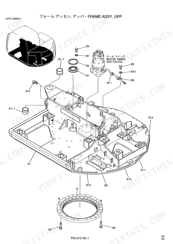 Kobelco SK80CS, SK80MSR exploded view of upper frame assembly, swing motor, and swing bearing components.