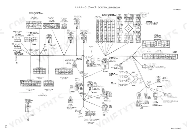 Kobelco SK80CS, SK80MSR controller group wiring diagram showing fuse boxes, relays, and connector pinouts for cab electrical systems.