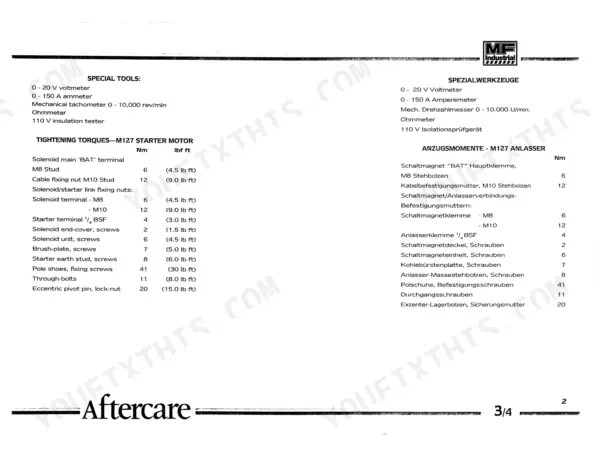 Kobelco TLK 750, 860, 865, 965 M127 starter motor tightening torque specifications and special tools list.