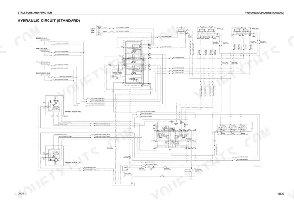 Komatsu CK35-1 standard hydraulic circuit diagram showing arm, bucket cylinders, travel motors, and PPC valves.