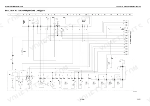 Komatsu CK35-1 electrical diagram showing engine line wiring, relays, sensors, and connectors for the engine control system.