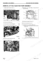komatsu-d39ex-21-d39px-21-bulldozer-shop-manual-sebm023810-procedures-381.webp Komatsu D39EX-21, D39PX-21 fuel injection pump assembly removal procedure with component diagrams and hose identification.