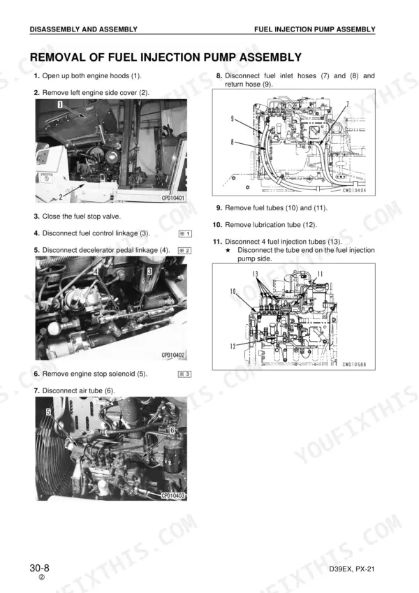 Komatsu D39EX-21, D39PX-21 fuel injection pump assembly removal procedure with component diagrams and hose identification.