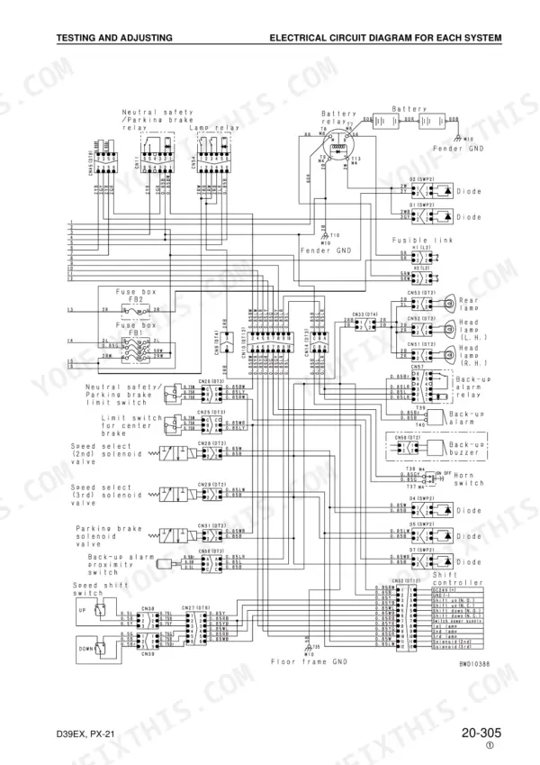 Komatsu D39EX-21, D39PX-21 electrical circuit diagram showing relays, fuses, solenoids, and shift controller wiring.