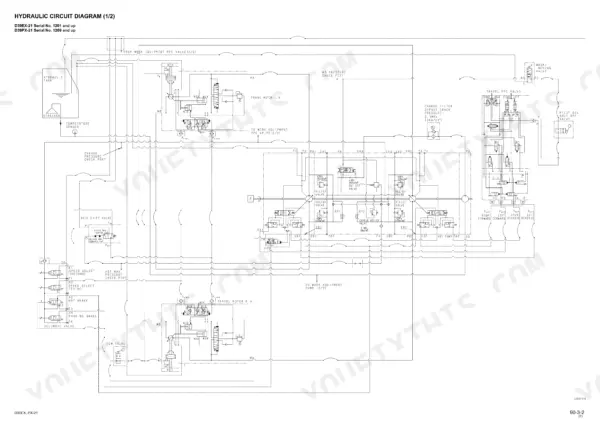 komatsu-d39ex-21-d39px-21-bulldozer-shop-manual-sebm023810-wiring-460.webp Komatsu D39EX-21, D39PX-21 hydraulic circuit diagram showing travel motors, pumps, and valves for serial numbers 1201 and up.