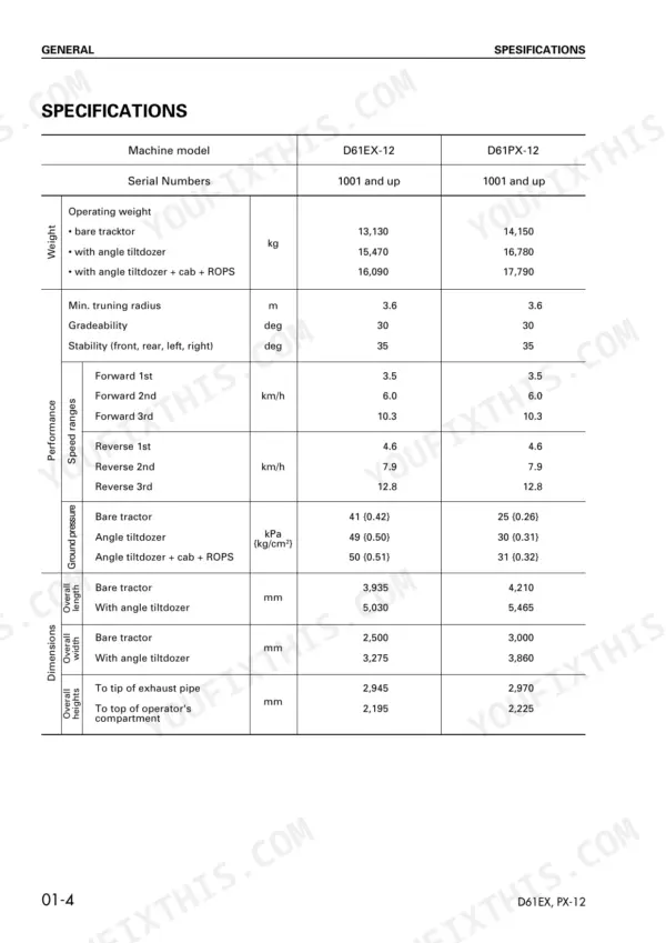 Komatsu D61EX-12, D61PX-12 specifications table showing operating weight, performance, ground pressure, and machine dimensions.