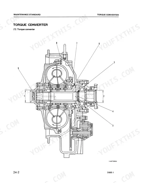 Komatsu D68E-1, D68P-1 maintenance standard cross-section diagram of the torque converter assembly with numbered components.