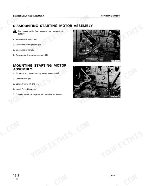 Komatsu D68E-1, D68P-1 starting motor assembly removal and installation procedure with component photos.