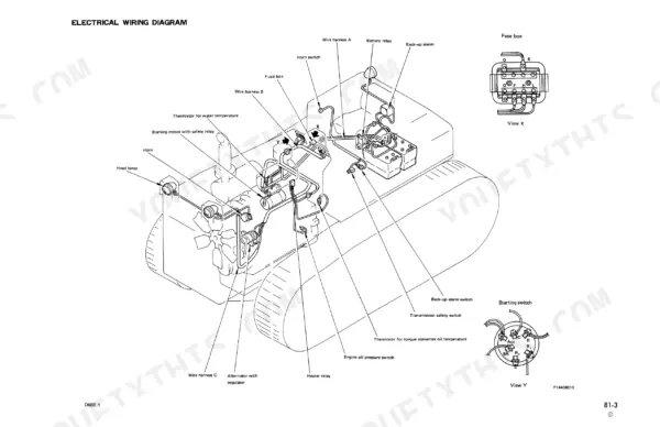 komatsu-d68e-1-d68p-1-bulldozer-shop-manual-sebmu1440102-wiring-408.webp Komatsu D68E-1, D68P-1 electrical wiring diagram showing fuse box, battery relay, starting switch, and engine sensors.
