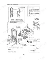 Komatsu FB10M-2, FB13M-2, FB15M-2, FB18M-2 mast removal, lift cylinder air bleeding, and torque specifications diagram.