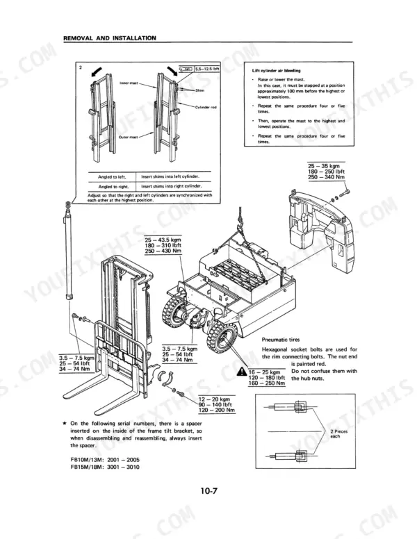 Komatsu FB10M-2, FB13M-2, FB15M-2, FB18M-2 mast removal, lift cylinder air bleeding, and torque specifications diagram.