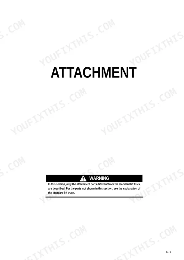 Komatsu FB15U-12, FB18U-12, FB20AU-12 manual section header for attachment parts and standard lift truck warning.