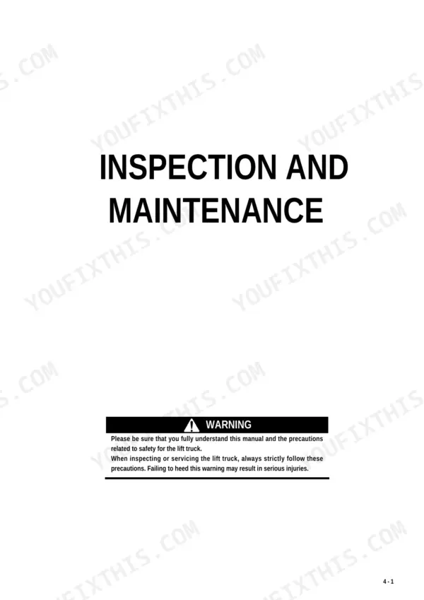 Komatsu FB15U-12, FB18U-12, FB20AU-12 inspection and maintenance section cover page with safety warning.