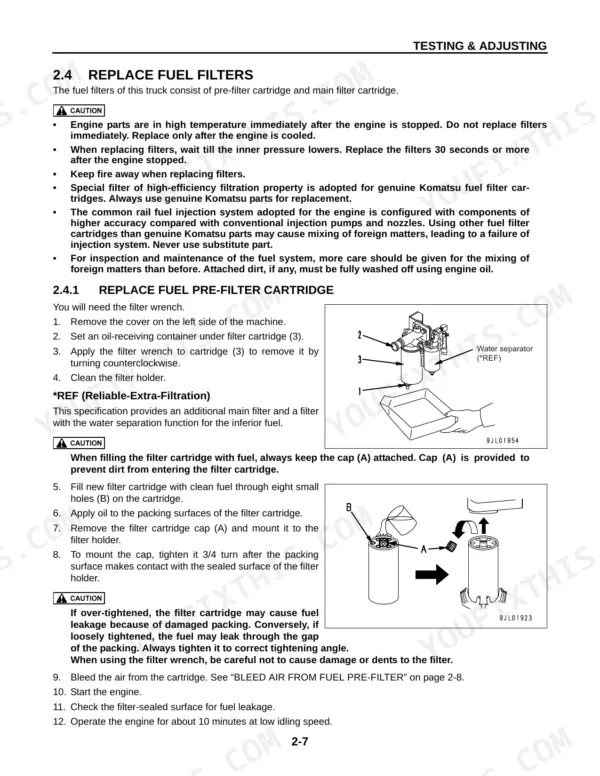 Komatsu FD100-8, FD115-8, FD135-8, FD150E-8, FD160E-8, EX50 fuel pre-filter cartridge replacement procedure and diagrams.