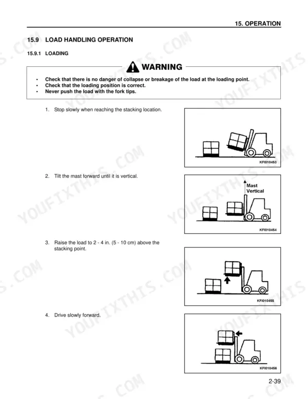 Komatsu FG35ST-7 to FD50AT2-7 forklift operation manual page showing step-by-step load handling and stacking procedures.