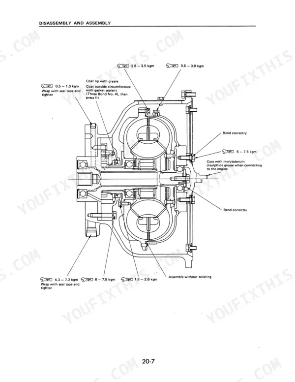 Komatsu FG50-5 to FD80H-5 torque diagram for torque converter disassembly and assembly with grease and sealant instructions.