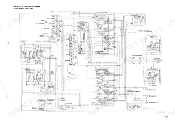 Komatsu PC100-5, PC120-5 hydraulic circuit diagram showing main pumps, control valves, and travel motors.