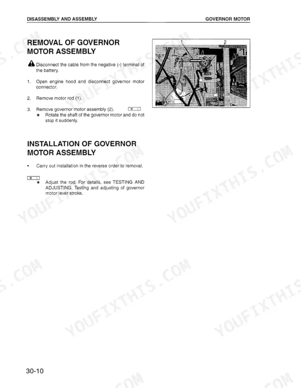 Komatsu PC150-6K, PC150LC-6K removal and installation procedure for the governor motor assembly with component diagram.