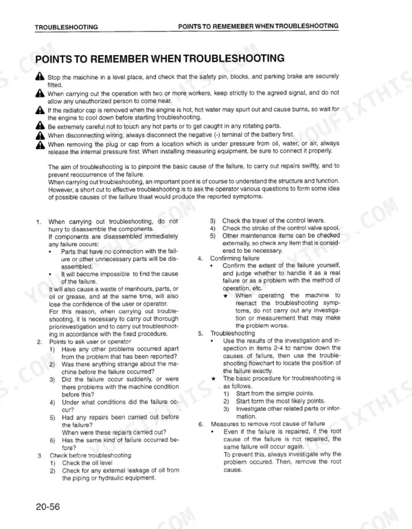 Komatsu PC150-6K, PC150LC-6K troubleshooting manual page detailing safety precautions and systematic diagnostic procedures.