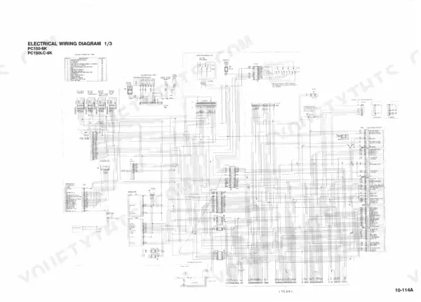 komatsu-pc150-6k-pc150lc-6k-hydraulic-excavator-shop-manual-cebm001601-wiring-131.webp Komatsu PC150-6K, PC150LC-6K electrical wiring diagram 1/3 showing fuse box table, pump controller, and wiper motor circuits.