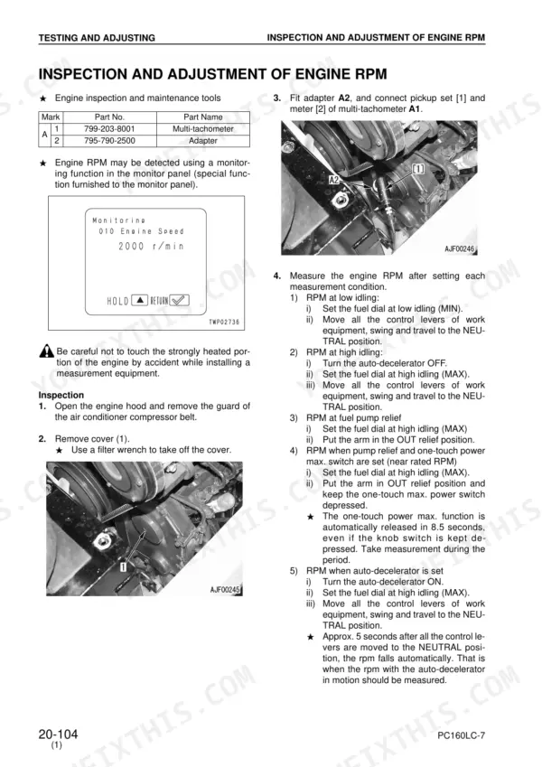 Komatsu PC160LC-7 engine RPM inspection and adjustment procedure, including tool list, monitor display, and component photos.