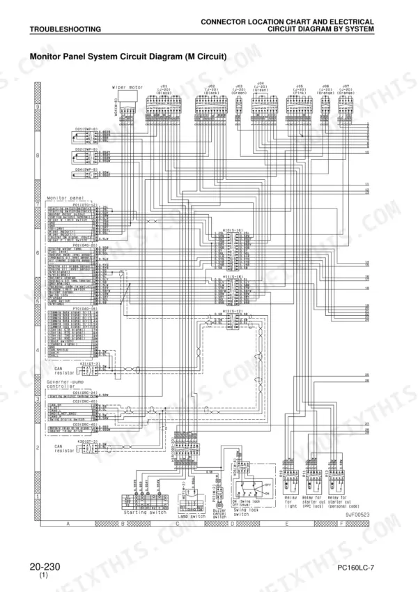 Komatsu PC160LC-7 monitor panel system electrical circuit diagram showing connectors, relays, and switches.