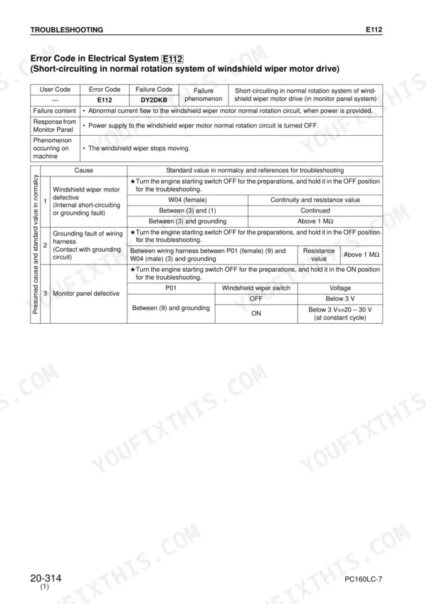 Komatsu PC160LC-7 troubleshooting table for error code E112, windshield wiper motor short-circuiting electrical system.
