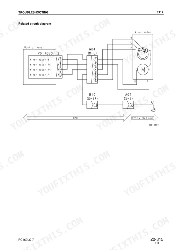 Komatsu PC160LC-7 wiring diagram for the wiper motor circuit connecting the monitor panel to the wiper motor.
