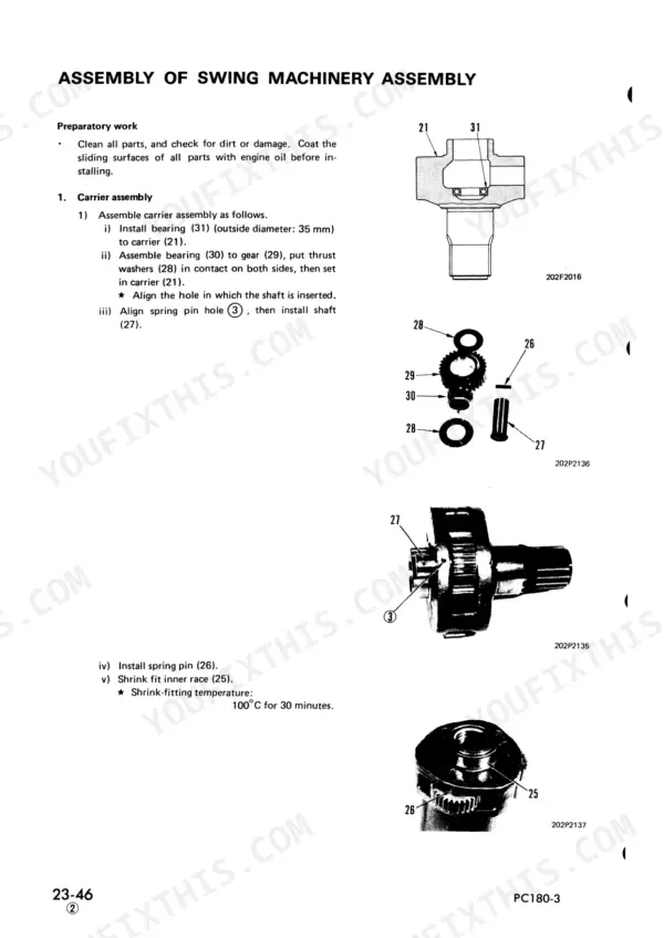 Komatsu PC180-3 swing machinery assembly and carrier assembly procedure.