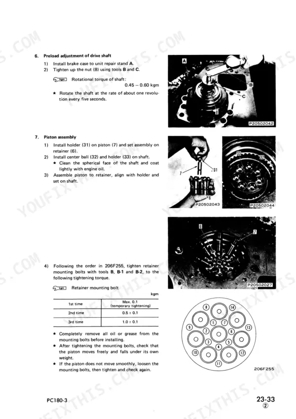 Komatsu PC180-3 drive shaft preload and piston assembly procedures.